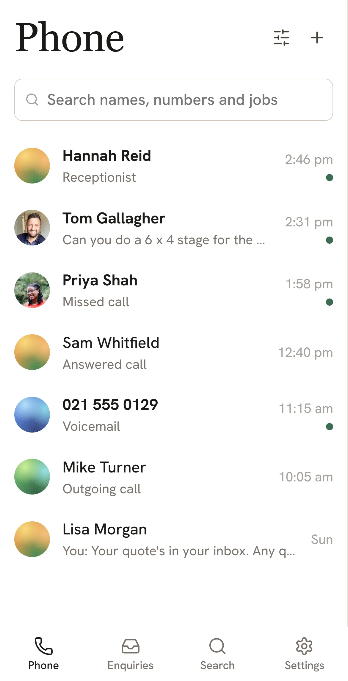 The Phone page on a phone: today's calls and texts, each under the customer