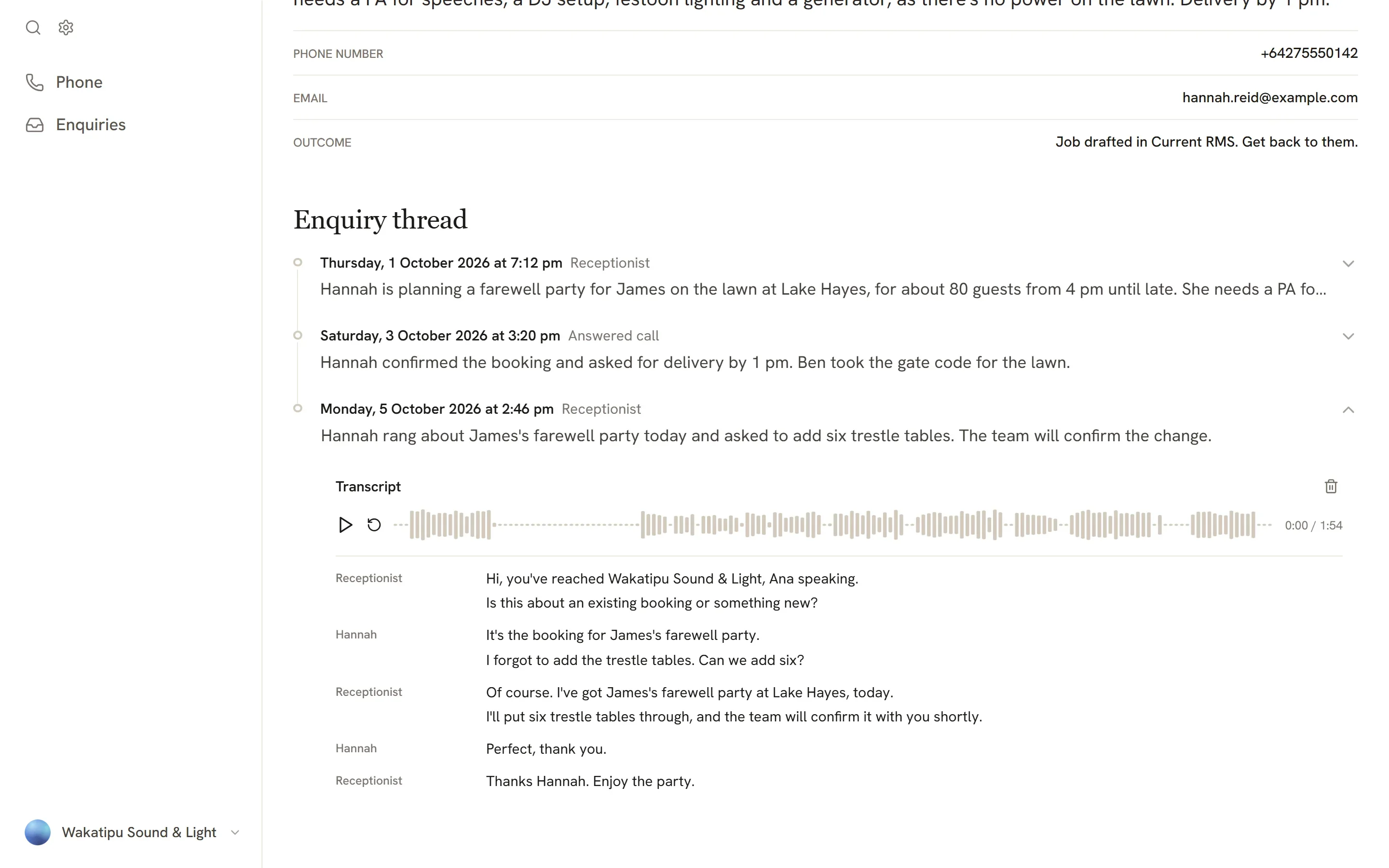 A call opened on its enquiry: the summary, the recording and the transcript, line by line