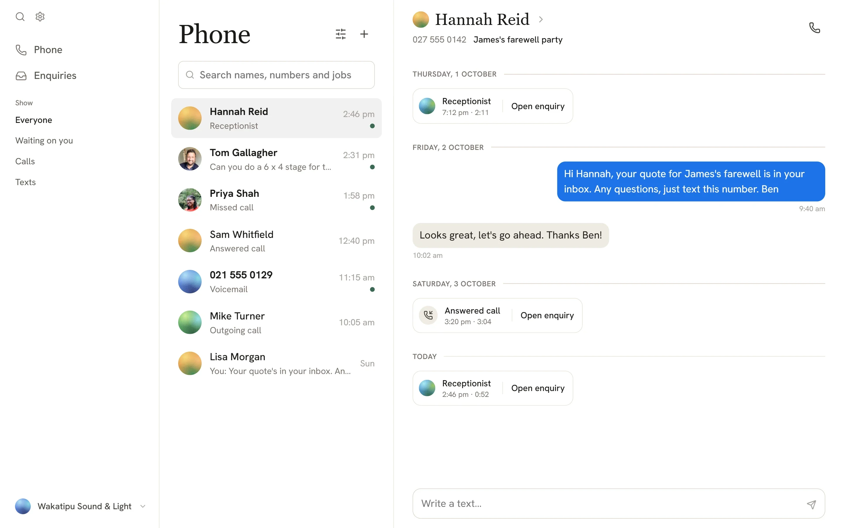 The Phone page on a desk: today's calls and texts down the left, with Hannah Reid's conversation open